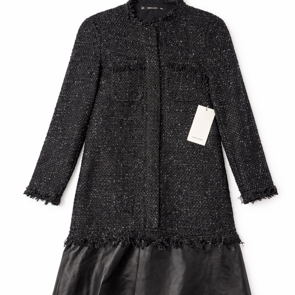 Zara Black Tweed Mini Dress Leather Trim Long Sleeve Size XS NWT Classic Chic